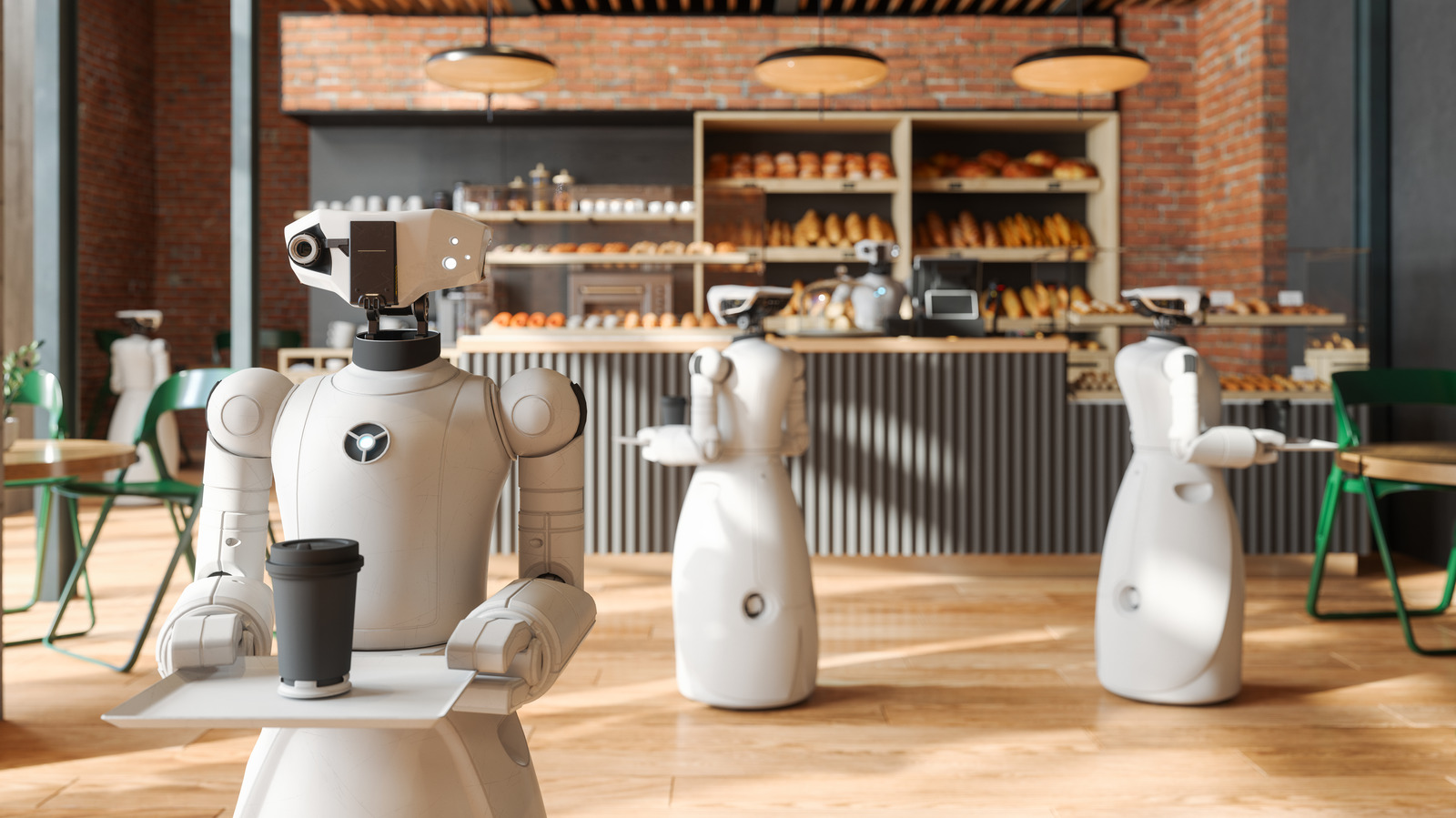 Robot Waiters Serving Food And Drink In Bakery Shop